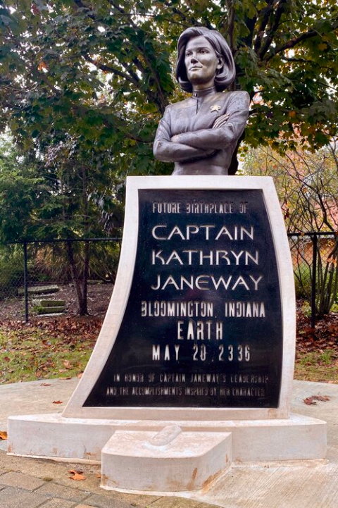 The monument, honoring Kate Mulgrew's Captain Kathryn Janeway, in Bloomington, IN. Janeway was the Captain in Star Trek Voyager