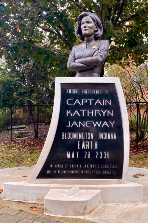 The monument, honoring Kate Mulgrew\'s Captain Kathryn Janeway, in Bloomington, IN. Janeway was the Captain in Star Trek Voyager